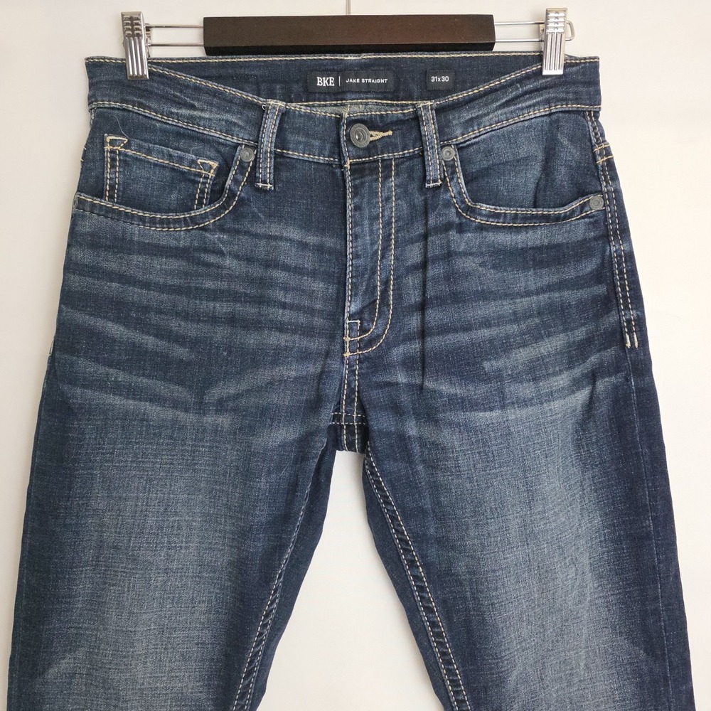 BKE Buckle JAKE Straight Leg Blue Jeans Mens 31 x 30 Whiskering White Stitching